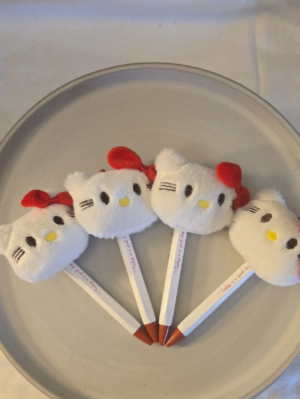 4 Hello Kitty-Inspired White & Red Plush Head Black Ballpoint Pens New